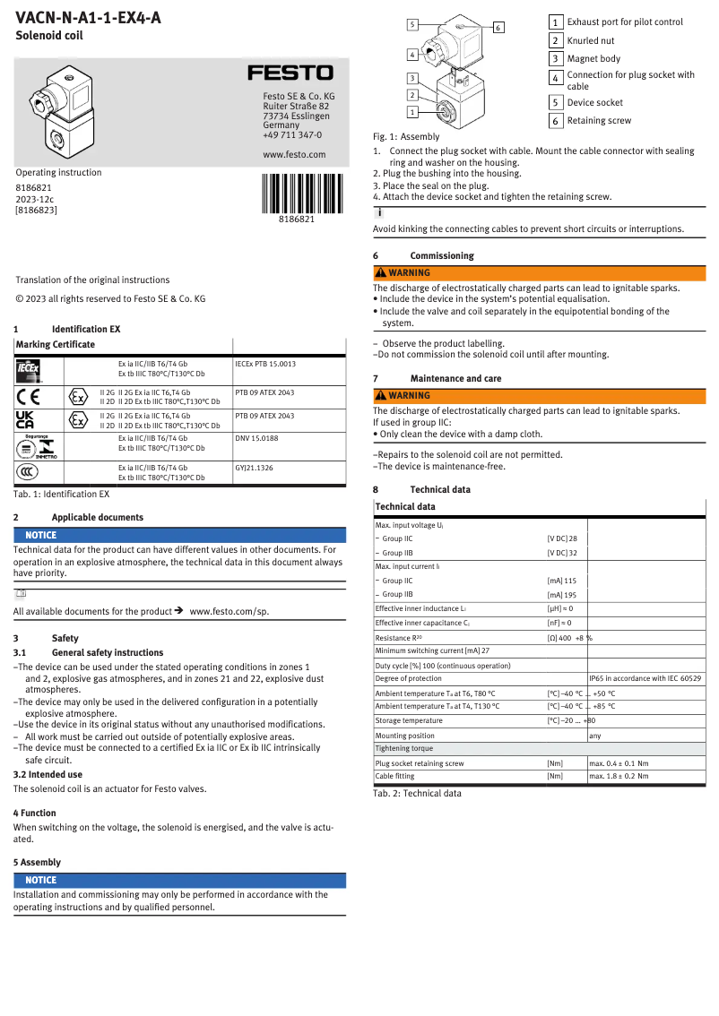 Page 1 de la notice Manuel utilisateur Festo VACN-N-A1-1-EX4-A