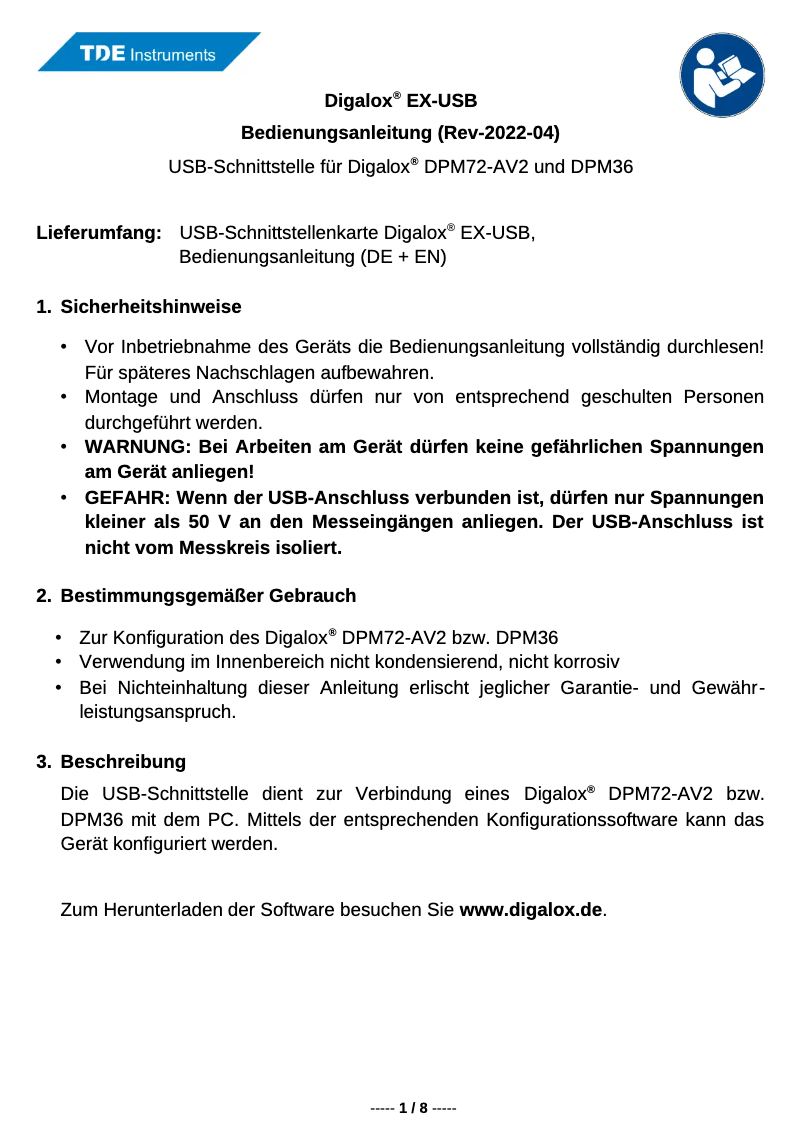 Page n°1 - Manuel utilisateur TDE Instruments Digalox EX-USB