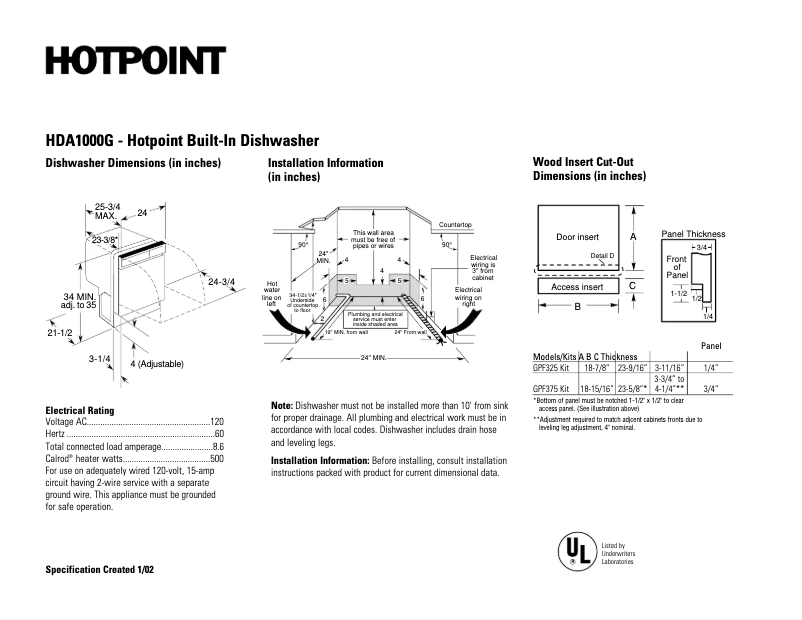 Page 1 de la notice Fiche technique Hotpoint HDA1000GWH
