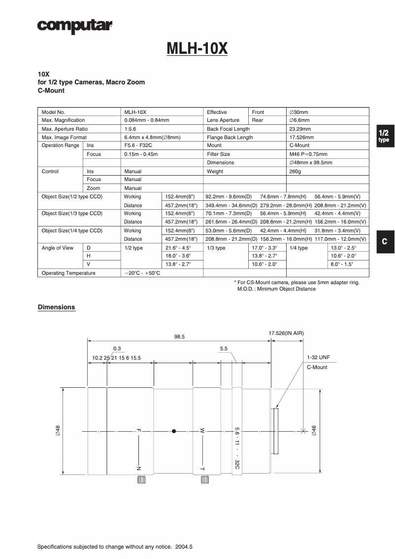 Page n°1 - Manuel utilisateur Computar MLH-10X