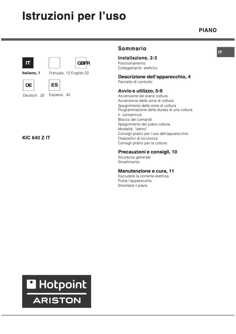 Page 1 de la notice Manuel utilisateur Hotpoint Ariston KIC 640 Z IT
