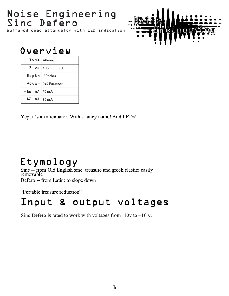 Page n°1 - Manuel utilisateur Noise Engineering Sinc Defero