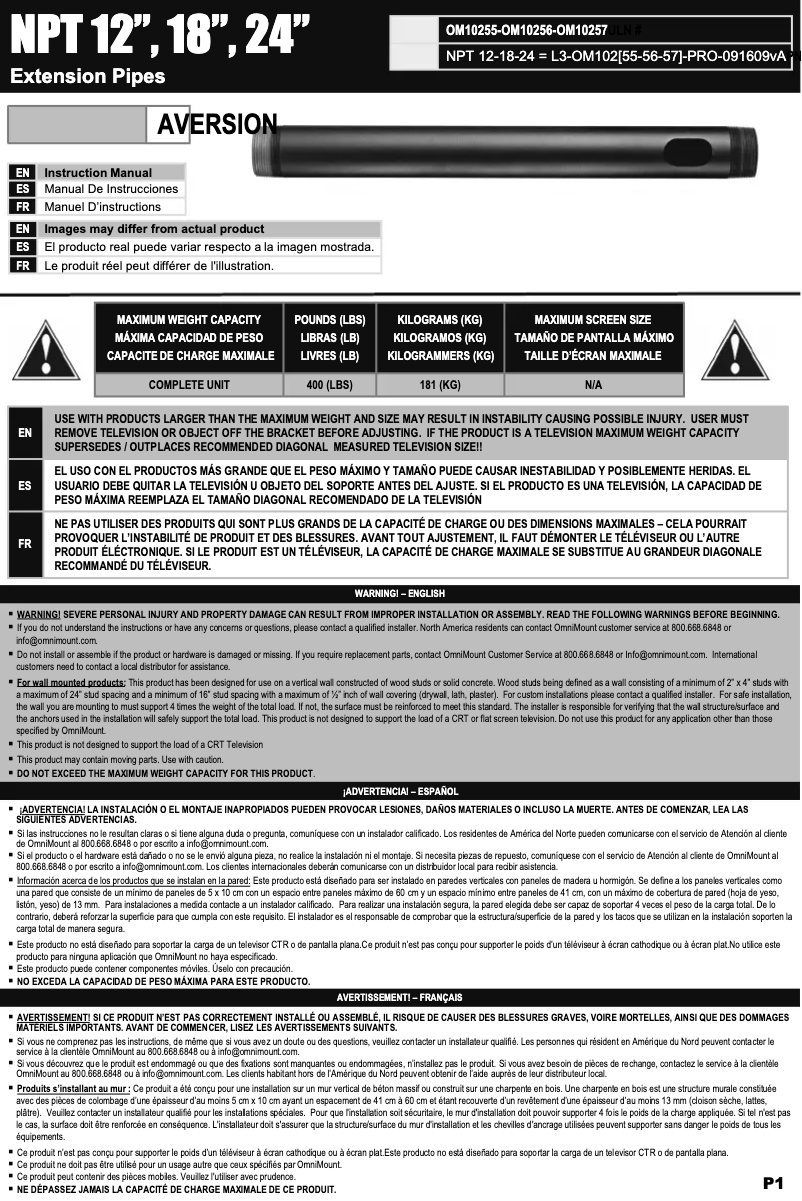 Page 1 de la notice Manuel utilisateur OmniMount NPT24