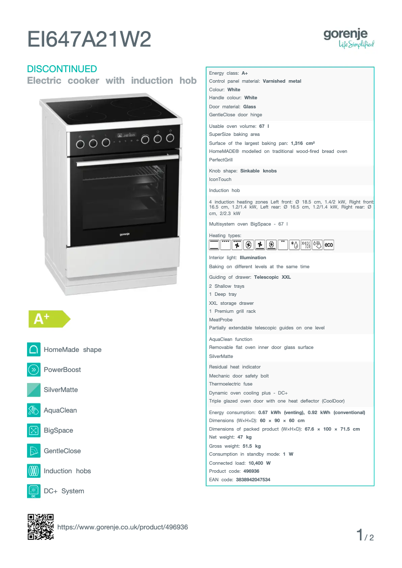 Page n°1 - Fiche technique Gorenje EI647A21W2