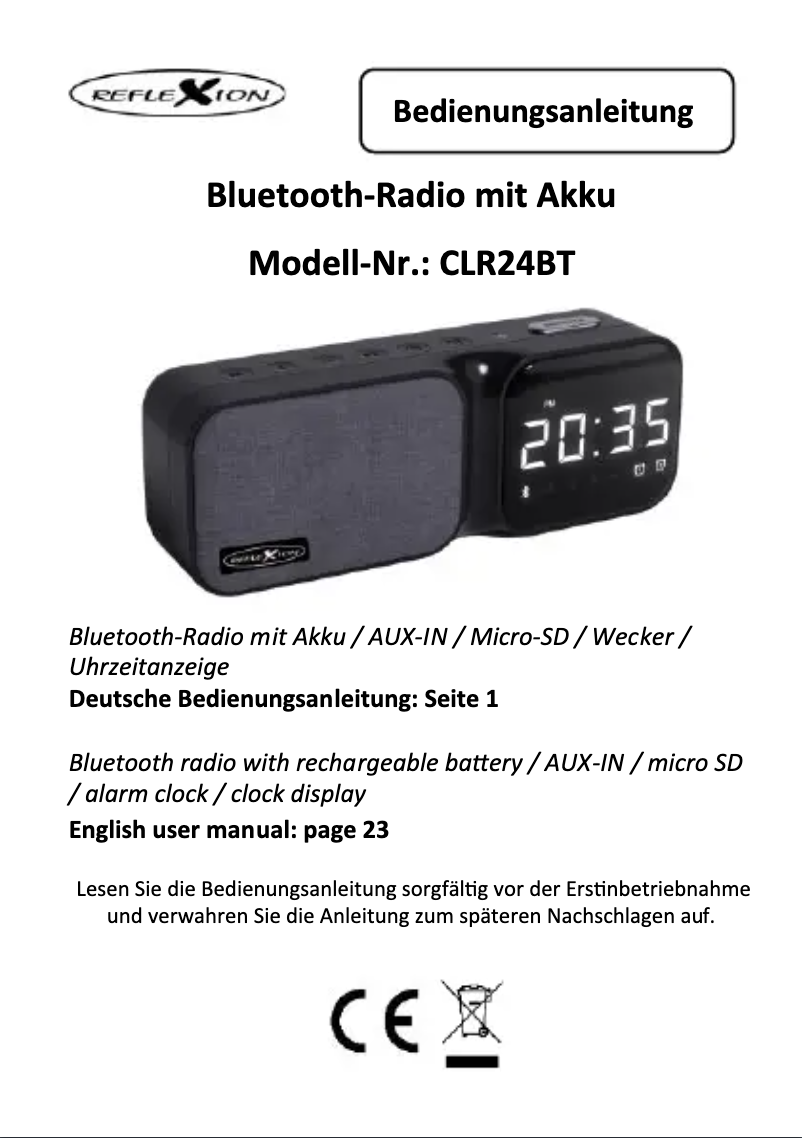 Page 1 de la notice Manuel utilisateur Reflexion CLR24BT