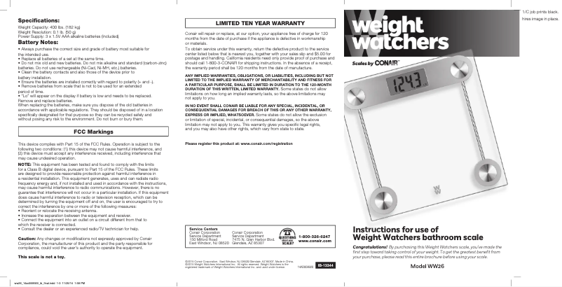 Page 1 de la notice Manuel utilisateur Conair Weight Watchers WW26X