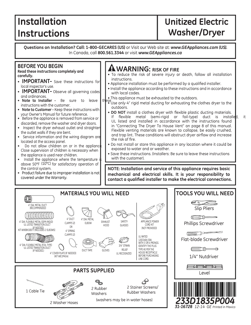 Page 1 de la notice Guide d'installation GE Spacemaker GUD27ESSJWW