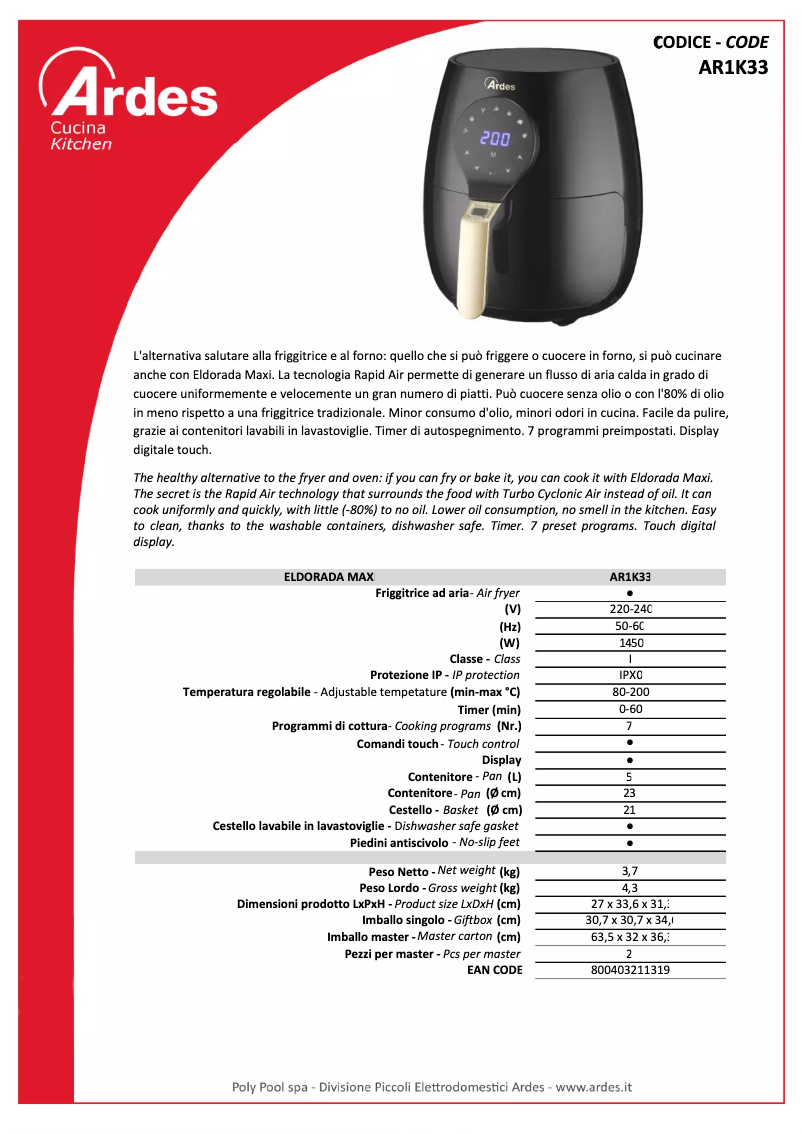 Page n°1 - Fiche technique Ardes AR1K33