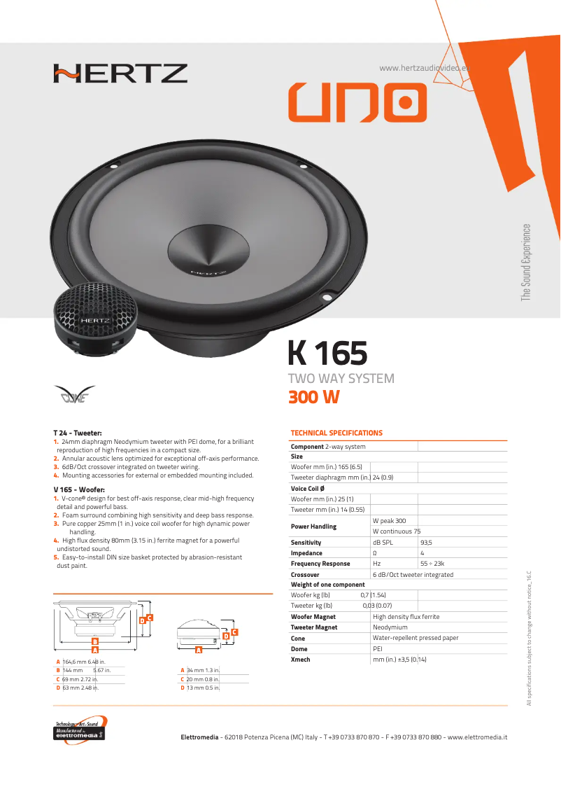 Page 1 de la notice Fiche technique Hertz Uno K 165