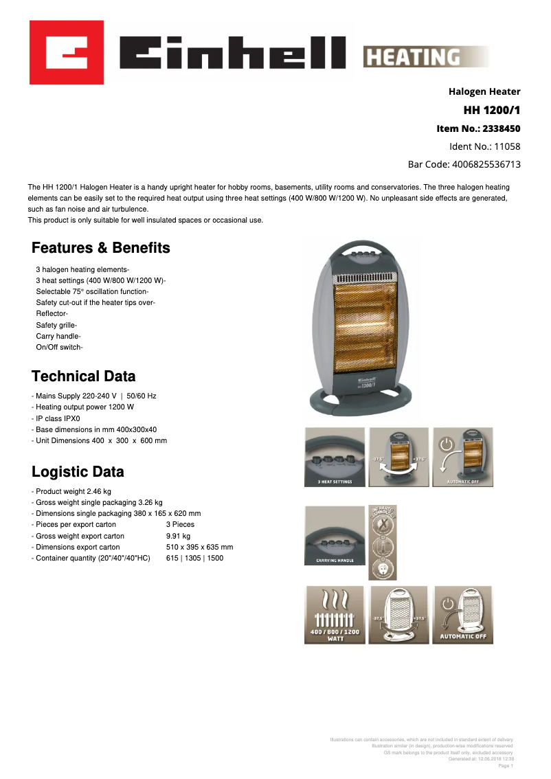 Page n°1 - Fiche technique Einhell HH 1200/1