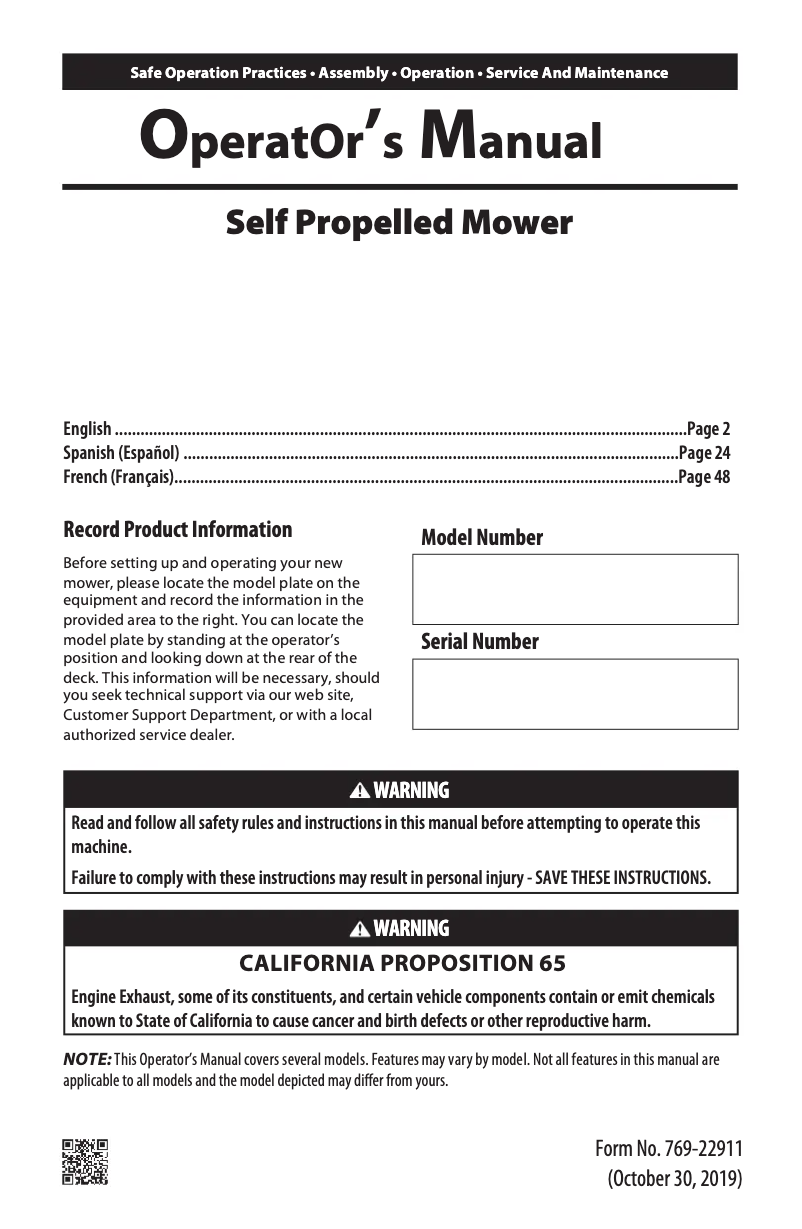 Page n°1 - Manuel utilisateur Troy-Bilt TB300 XP