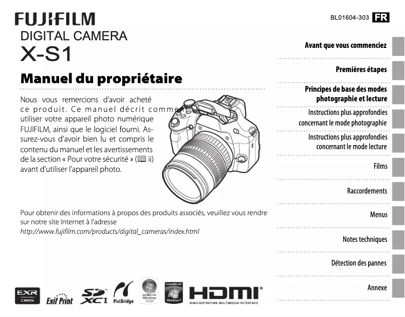 Image de la première page du manuel de l'appareil FinePix X-S1