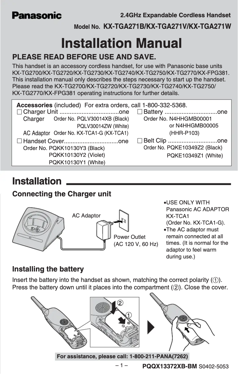 Page 1 de la notice Manuel utilisateur Panasonic KX-TGA271