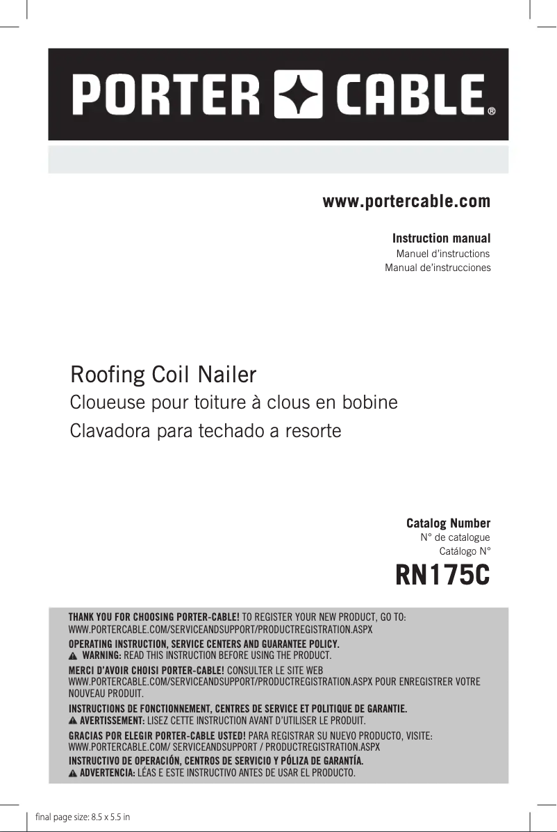 Page 1 de la notice Manuel utilisateur Porter-Cable RN175C