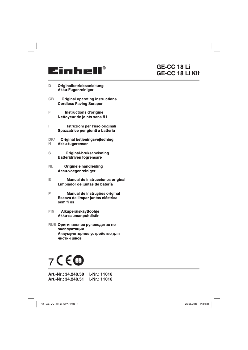 Page n°1 - Manuel utilisateur Einhell GE-CC 18 Li