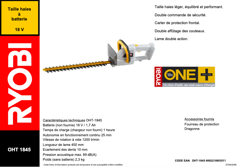 Image de la première page du manuel de l'appareil One+ OHT1845