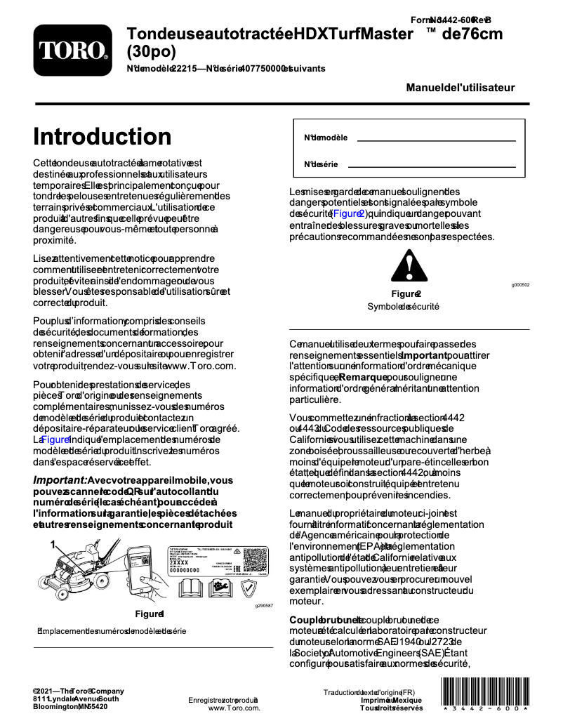 Page 1 de la notice Manuel utilisateur Toro TurfMaster HDX 22215