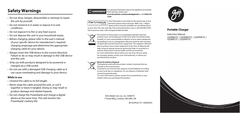 Page 1 de la notice Manuel utilisateur Goji G25PPK17C