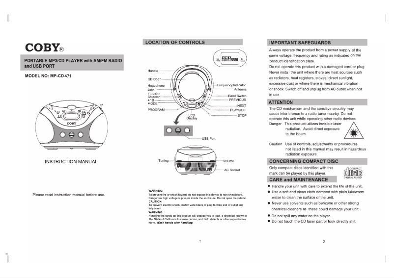 Page 1 de la notice Manuel utilisateur Coby MPCD471