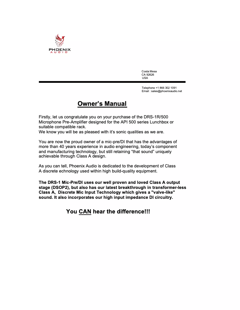 Page 1 de la notice Manuel utilisateur Phoenix Audio DRS-1R/500