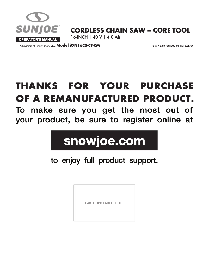 Page 1 de la notice Manuel utilisateur Sun Joe ION16CS-CT-RM