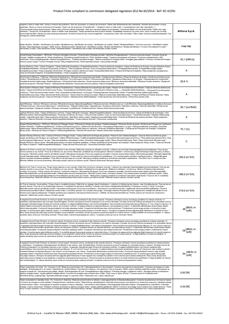 Page 1 de la notice Fiche technique Airforce F100B 60 TSE
