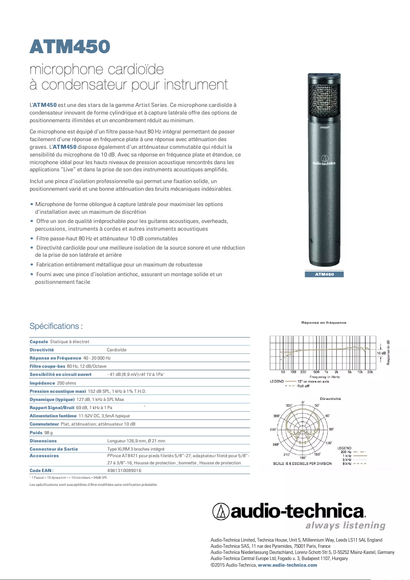 Page n°1 - Fiche technique Audio-Technica ATM-450