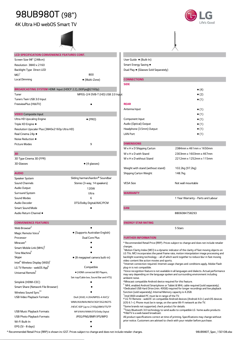 Página 1 del manual Ficha técnica LG 98UB980T