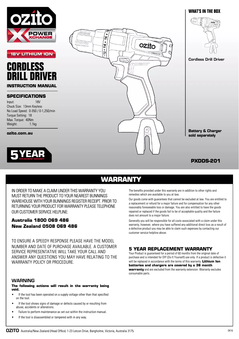 Page 1 de la notice Mode d'emploi Ozito PXDDS-201