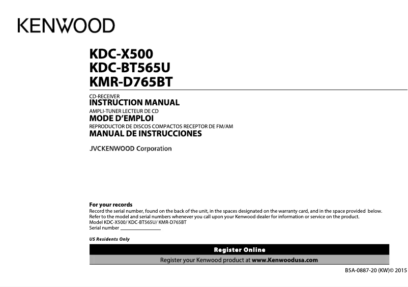 Image de la première page du manuel de l'appareil KMR-D765BT
