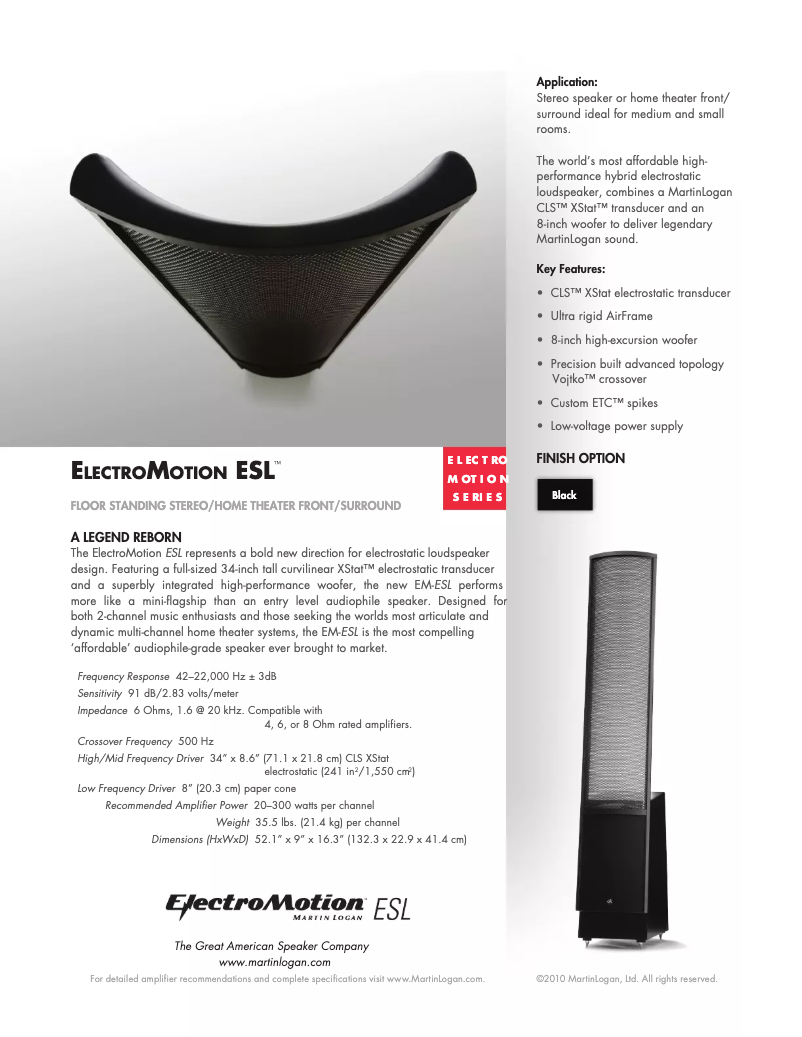 Page n°1 - Fiche technique Martin Logan ElectroMotion ESL