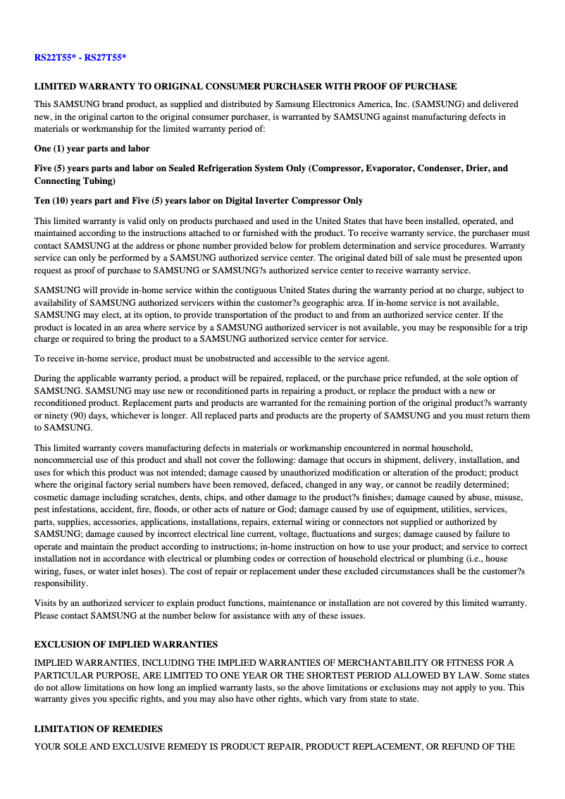 Page 1 de la notice Informations de garantie Samsung RS22T5561SR/AA