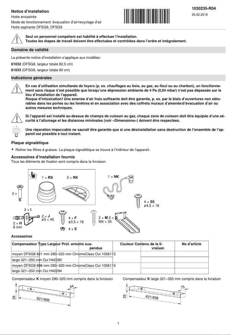 Page n°1 - Guide d'installation V-Zug DF-SG8/9