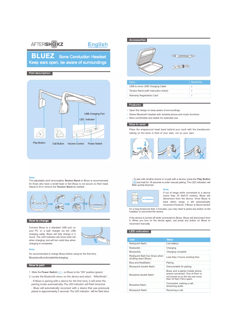 Page 1 de la notice Manuel utilisateur Aftershokz Bluez
