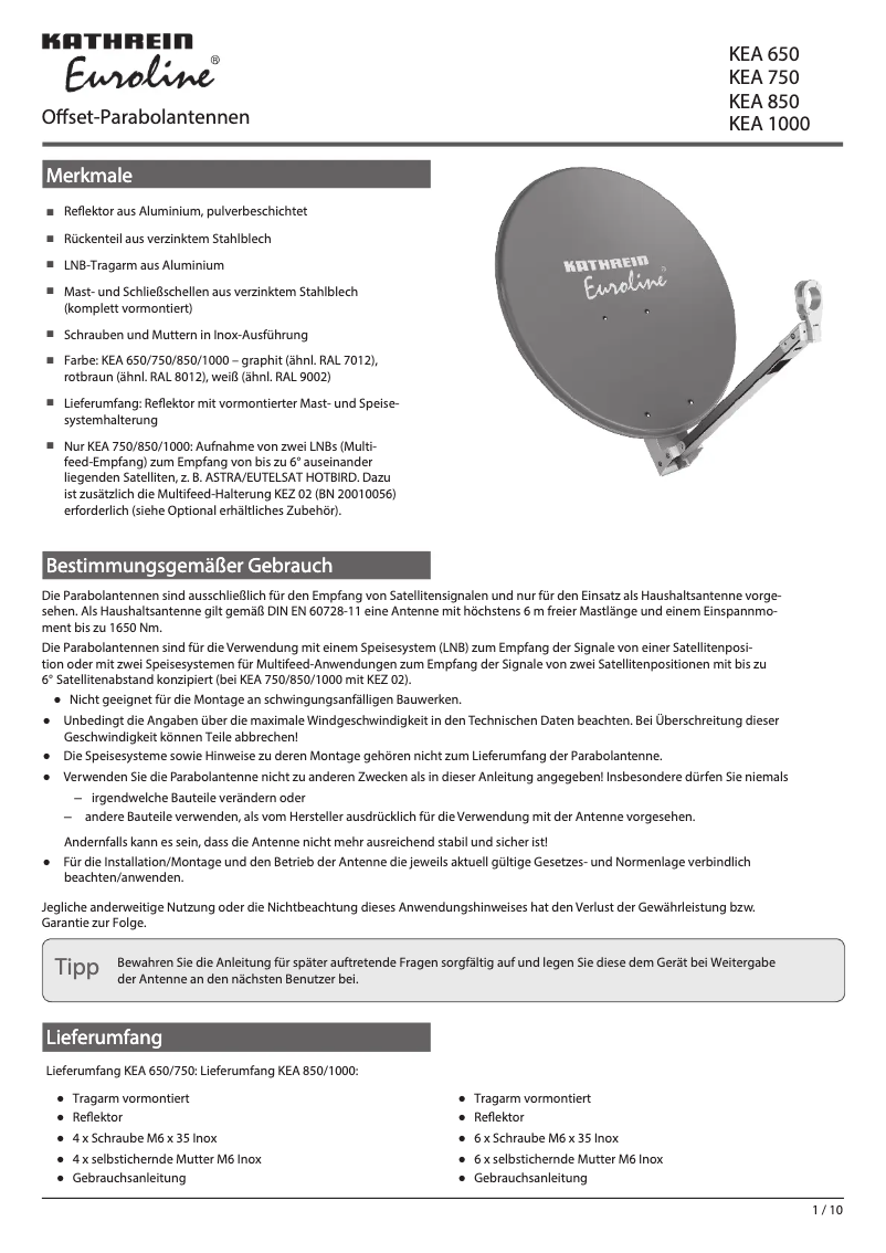 Page n°1 - Manuel utilisateur Kathrein Euroline KEA 1000