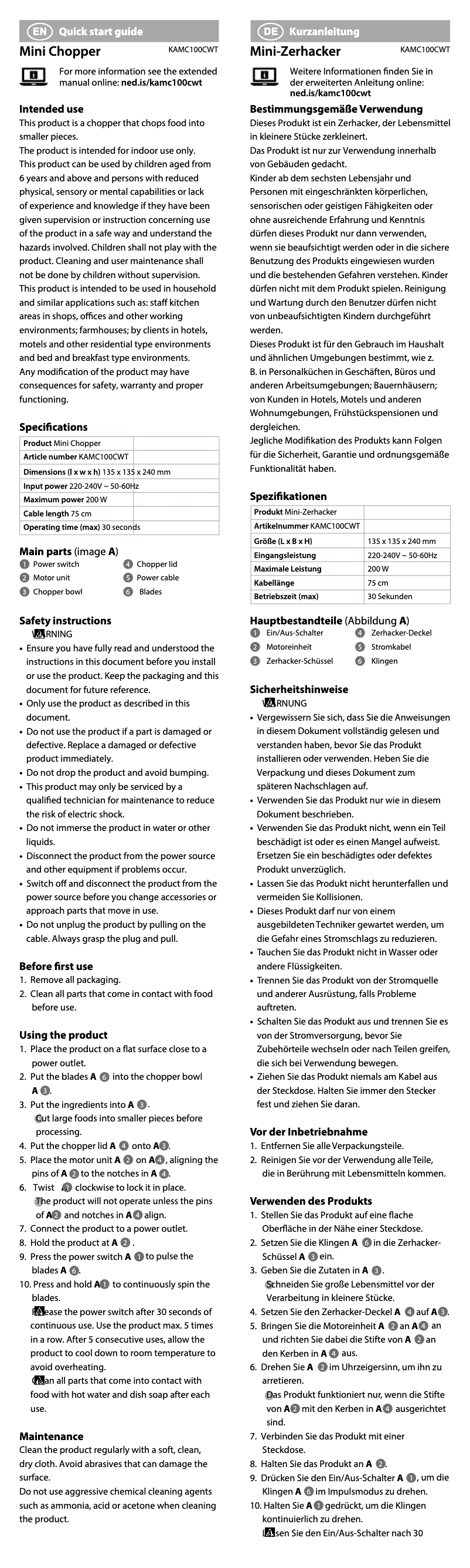 Page n°1 - Manuel utilisateur Nedis KAMC100CWT