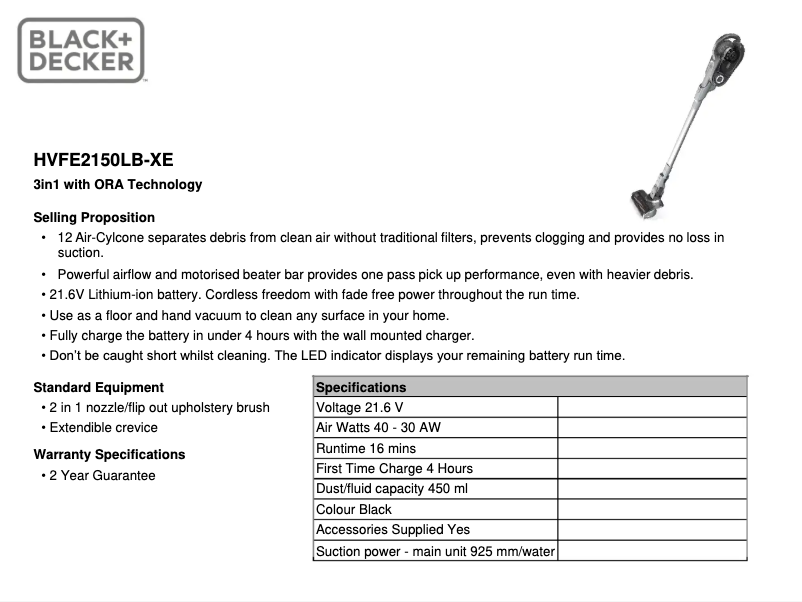 Page 1 de la notice Fiche technique Black & Decker HVFE2150LB