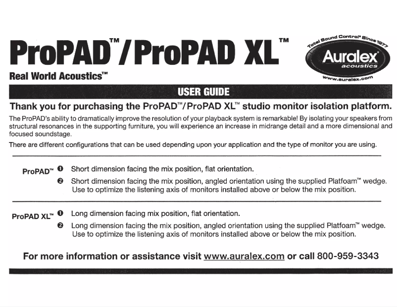 Page 1 de la notice Manuel utilisateur Auralex ProPAD