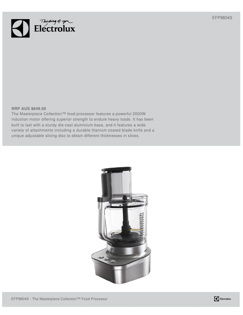 Page 1 de la notice Fiche technique Electrolux EFP9804S