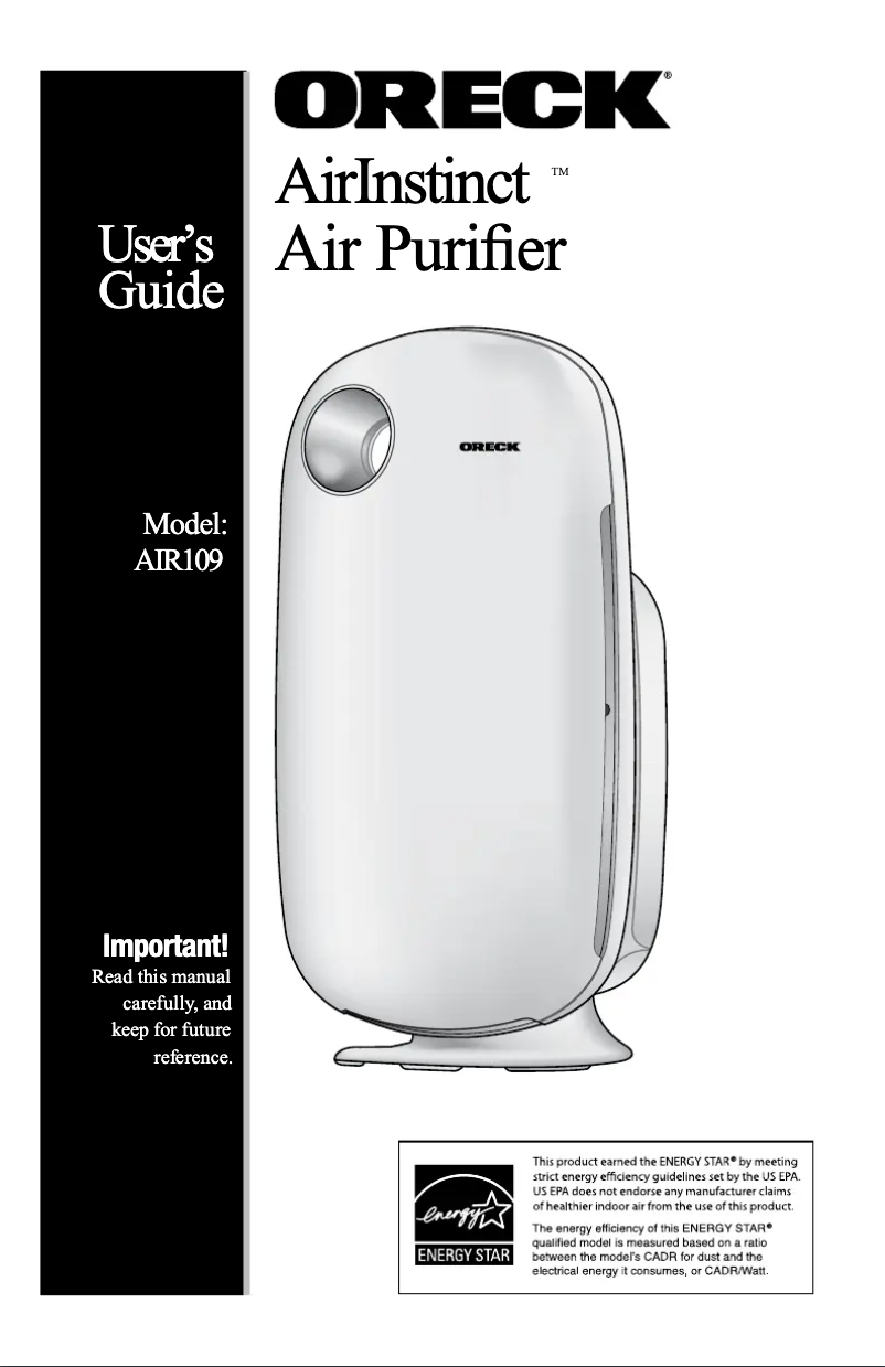 Page 1 de la notice Manuel utilisateur Oreck AirInstinct 100 AIR109