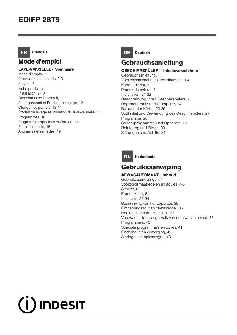 Page 1 de la notice Manuel utilisateur Indesit EDIFP 28T9 A EU