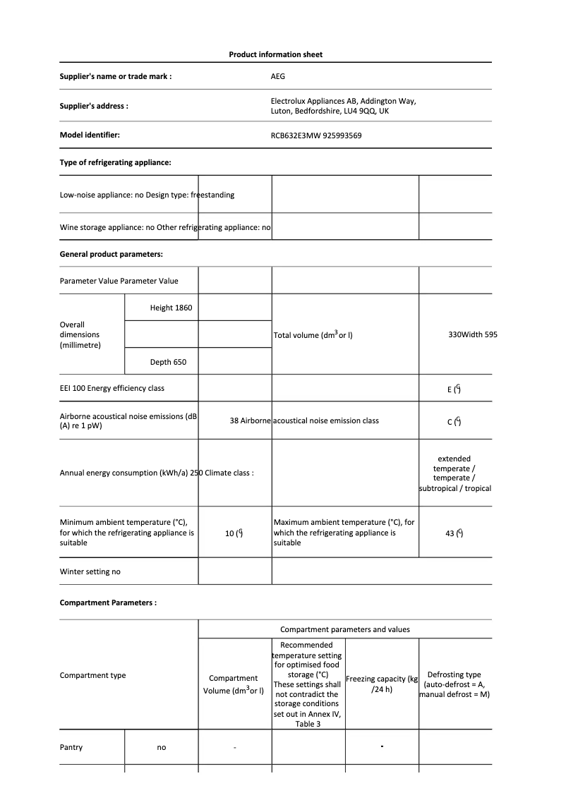Página 1 del manual Ficha técnica AEG RCB632E3MW