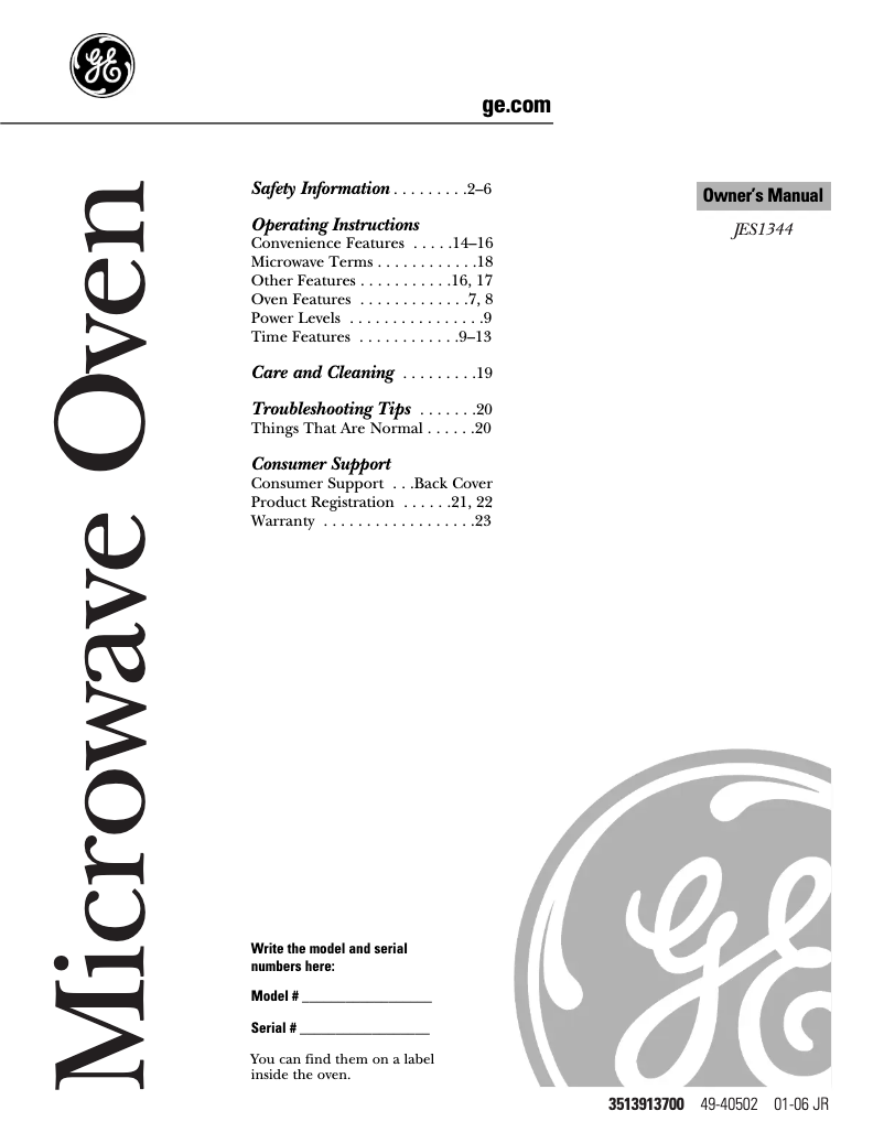 Page n°1 - Manuel d'utilisation et d'entretien GE JES1344SK