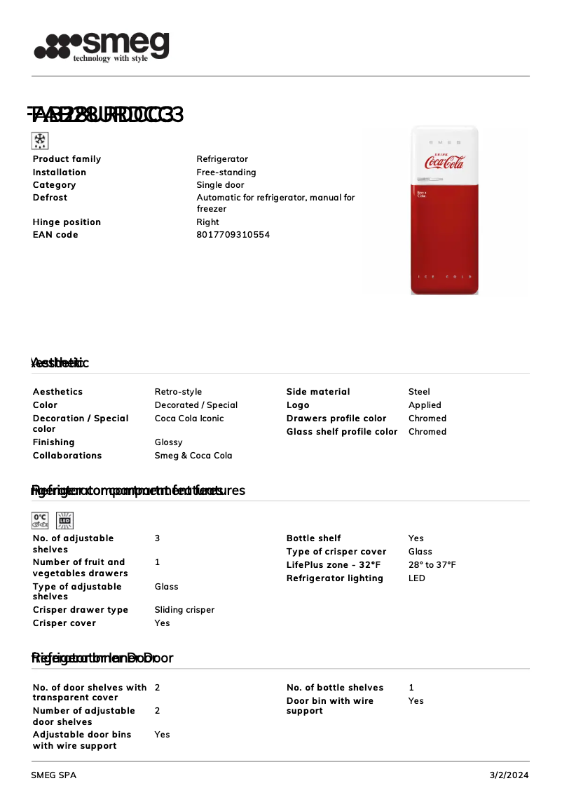 Page n°1 - Fiche technique Smeg FAB28URDCC3
