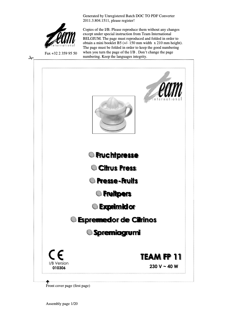 Image de la première page du manuel de l'appareil FP 11