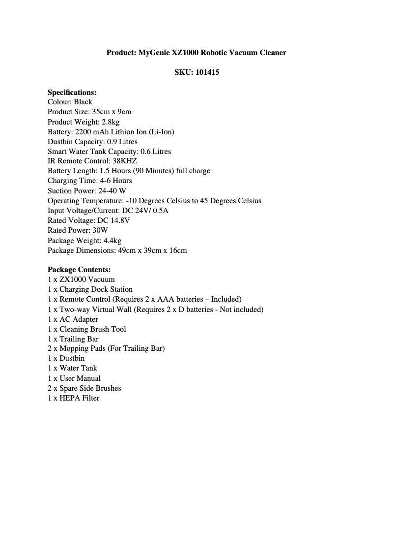 Page n°1 - Fiche technique MyGenie ZX1000