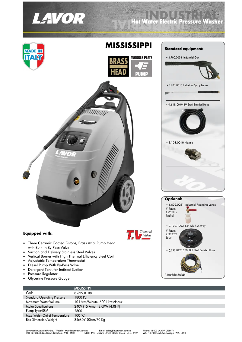 Page 1 de la notice Fiche technique Lavorwash MIssissippi