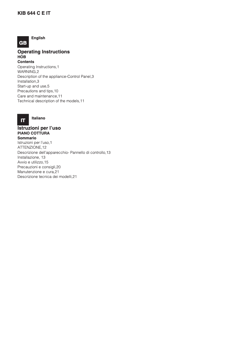 Page 1 of the manual User Manual Hotpoint KIB 644 C E IT