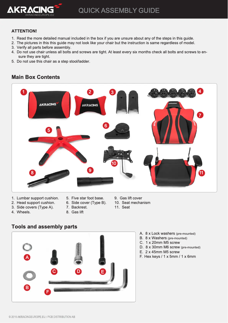 Page 1 de la notice Guide de démarrage rapide AK Racing AK-EX-BK