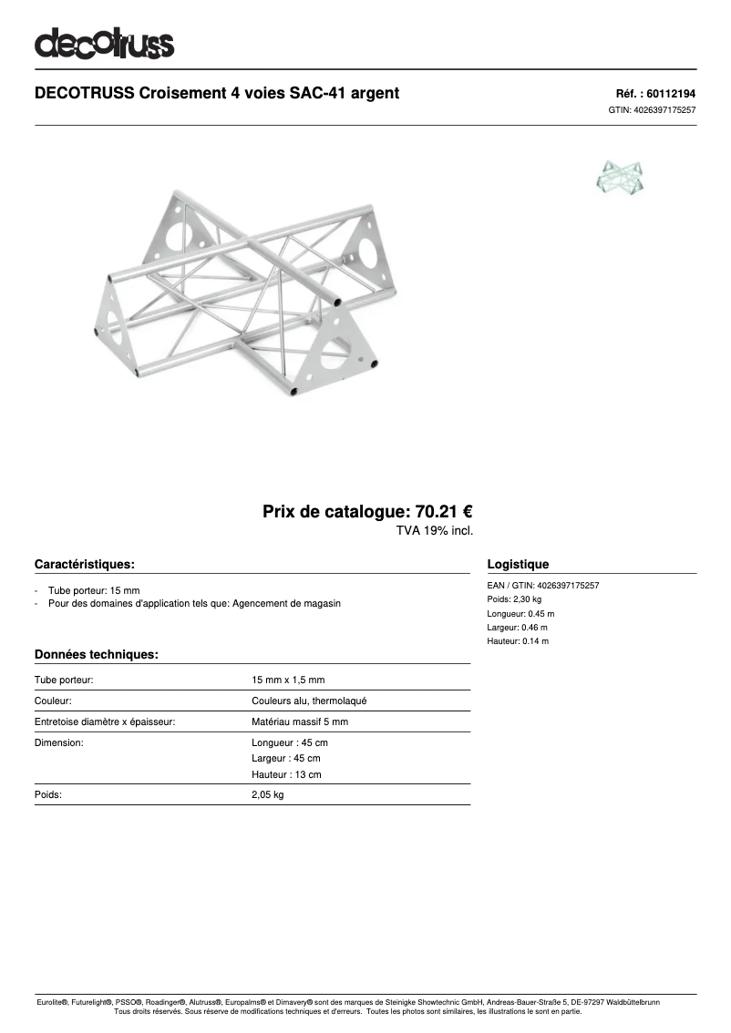 Page 1 de la notice Fiche technique Decotruss SAC 41